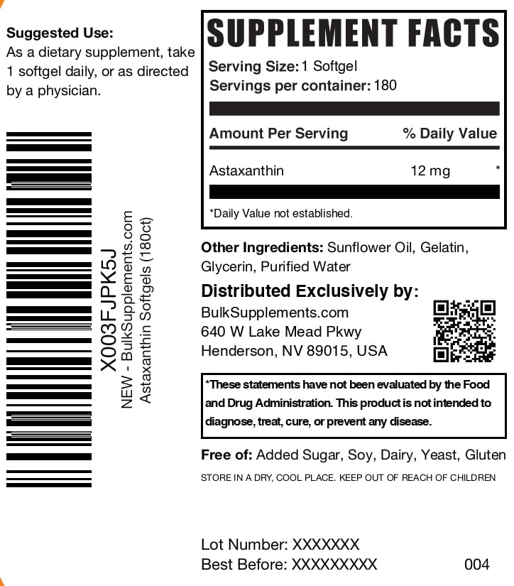 BulkSupplements.com Astaxanthin 12mg Softgels - Astaxanthin Supplements, Antioxidant Source - Gluten Free, 1 Softgel per Serving, 180 Count (Pack of 1)