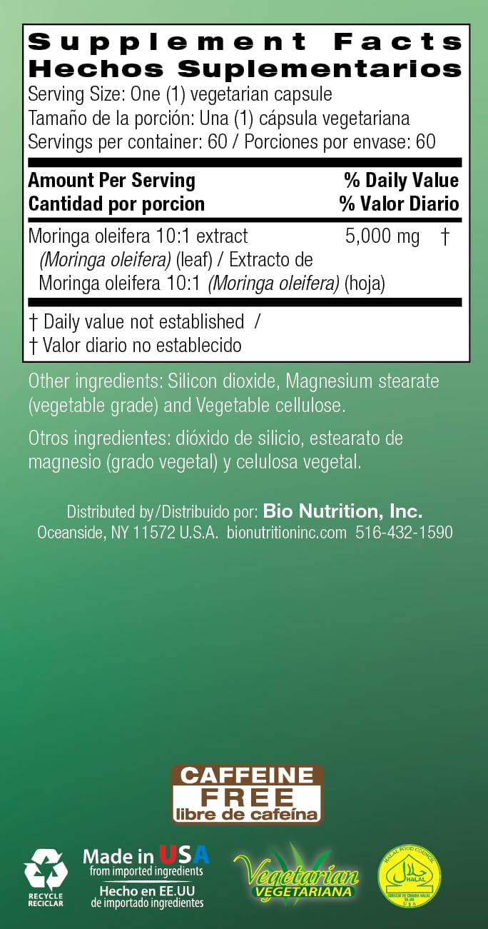 Bio Nutrition Moringa 5000mg 60 Vegetarian Capsules | Complete Green Superfood | Nature's Multivitamin | Energy and Gut Health