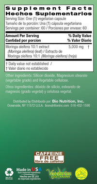 Thumbnail for Bio Nutrition Moringa 5000mg 60 Vegetarian Capsules | Complete Green Superfood | Nature's Multivitamin | Energy and Gut Health