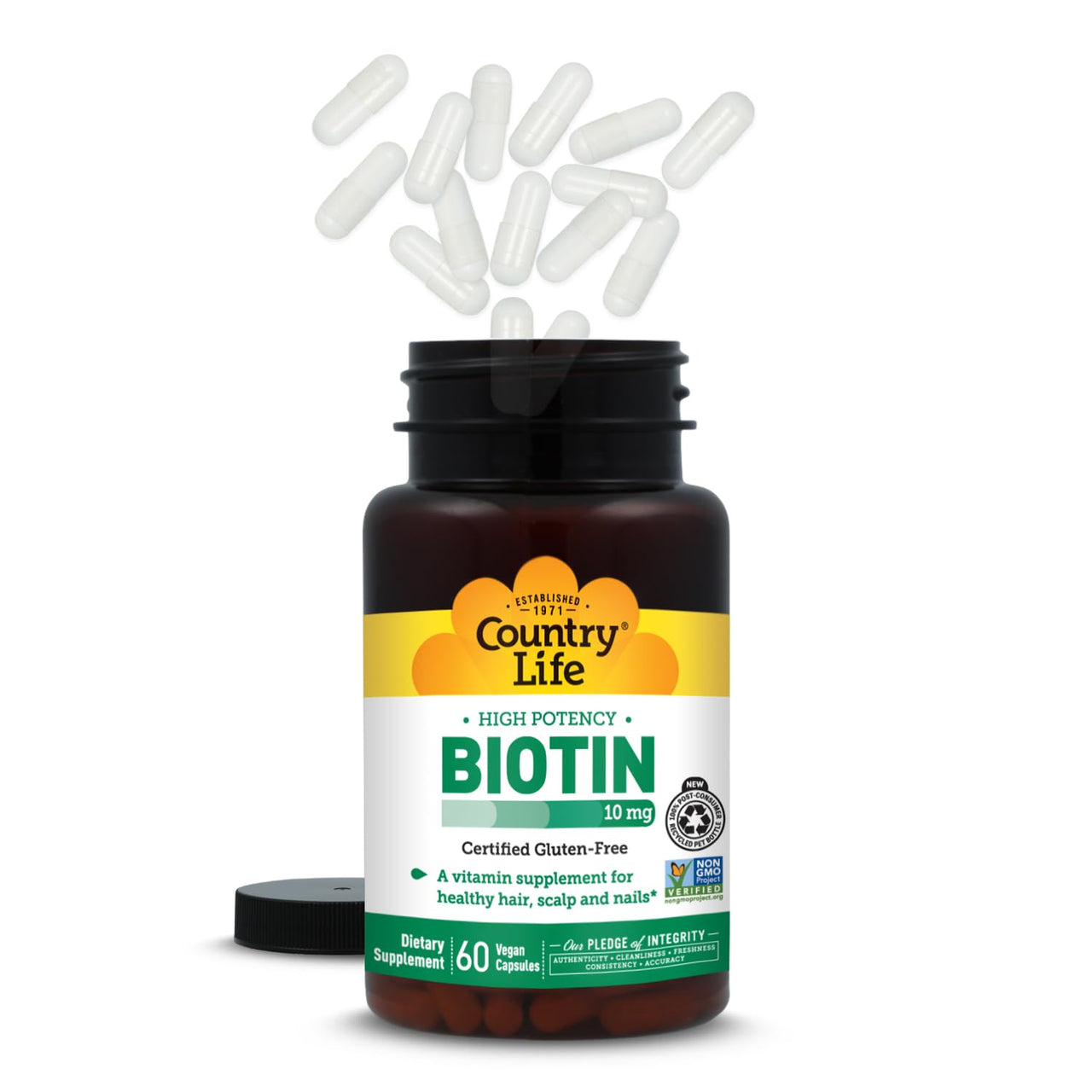Country Life Vitamins High Potency Biotin 10,000 mcg (10 mg), 60 Count - Supplement for Hair, Scalp & Nails - Certified Gluten Free