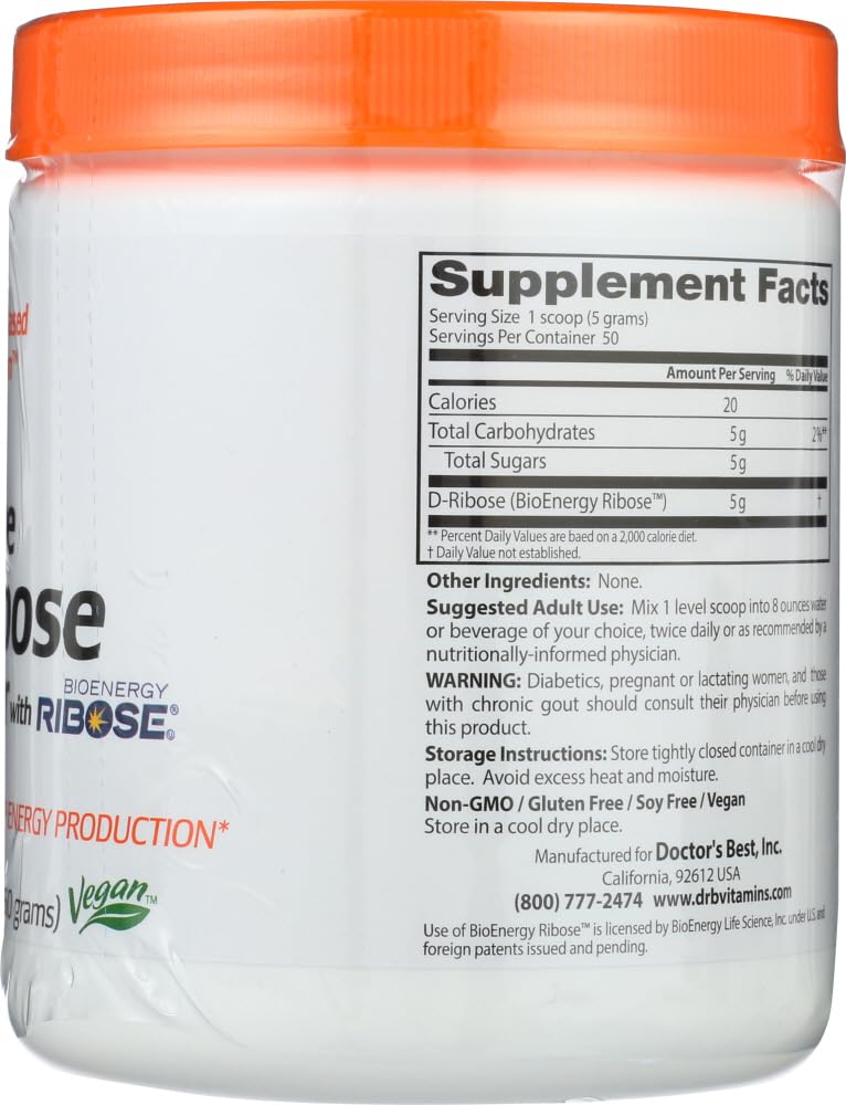 Doctor's Best D-Ribose with Bioenergy Ribose, Non-GMO, Vegan, Gluten Free, Energy Enhancement, 250g, 8.8 Ounce (Pack of 1)