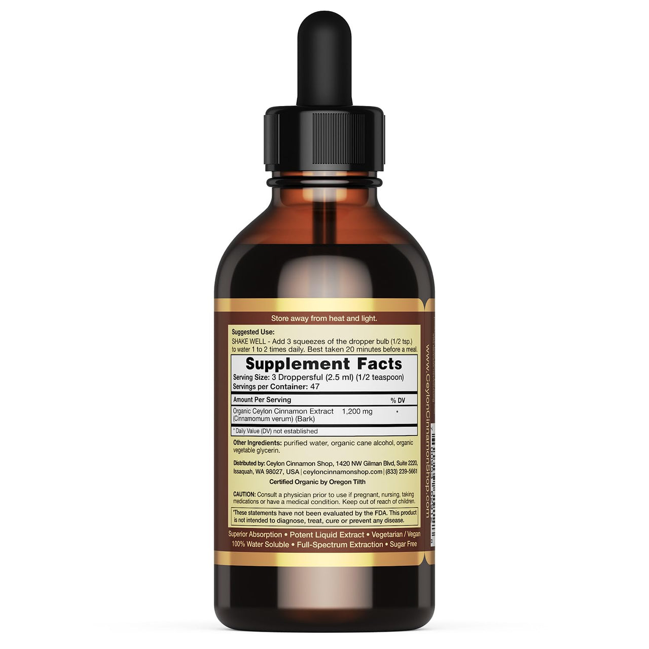 Ceylon Cinnamon Shop CinnaGold™ Organic Ceylon Cinnamon (100% Certified) Supplement, High-Potency Liquid Extract, 4 oz. – Super Antioxidant