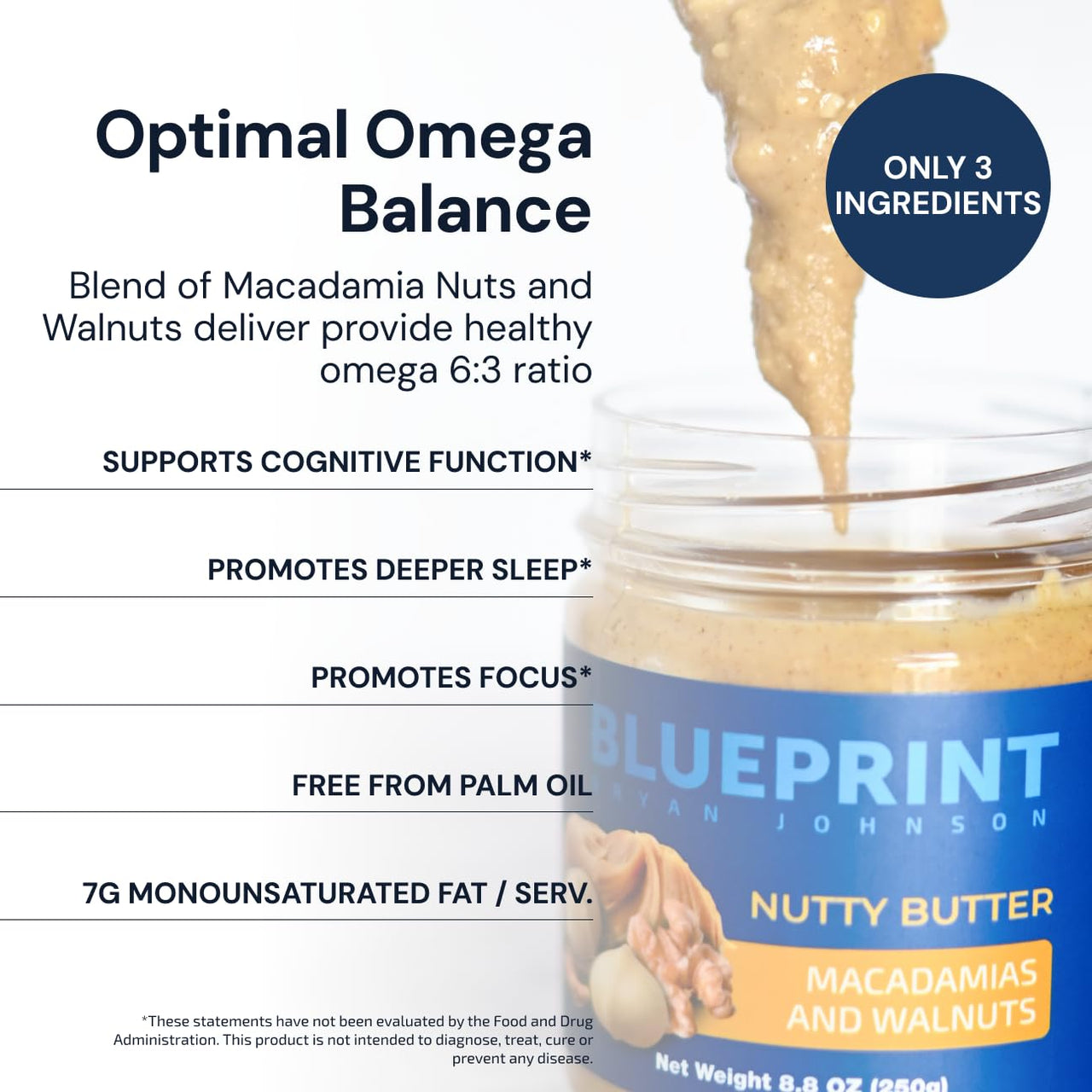 Blueprint Bryan Johnson Nutty Butter – Chunky Macadamia Nut Butter with Walnut – No Palm Oil, No Added Sugar – Just 3 Ingredients – Keto, Vegan, Paleo – Low Carb Nut Butter Snack – 8.8oz Jar