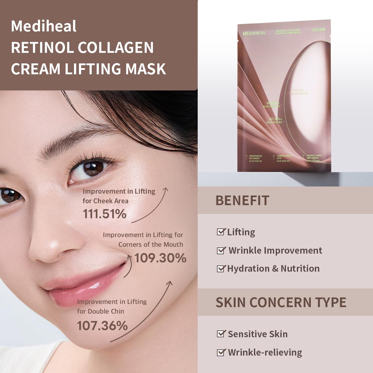 Mediheal Retinol Collagen Cream Lifting Mask (10 Counts) for V Line Mask, Anti-Aging - Helps Reduce Fine Lines & Wrinkles, and Smoothens Skin