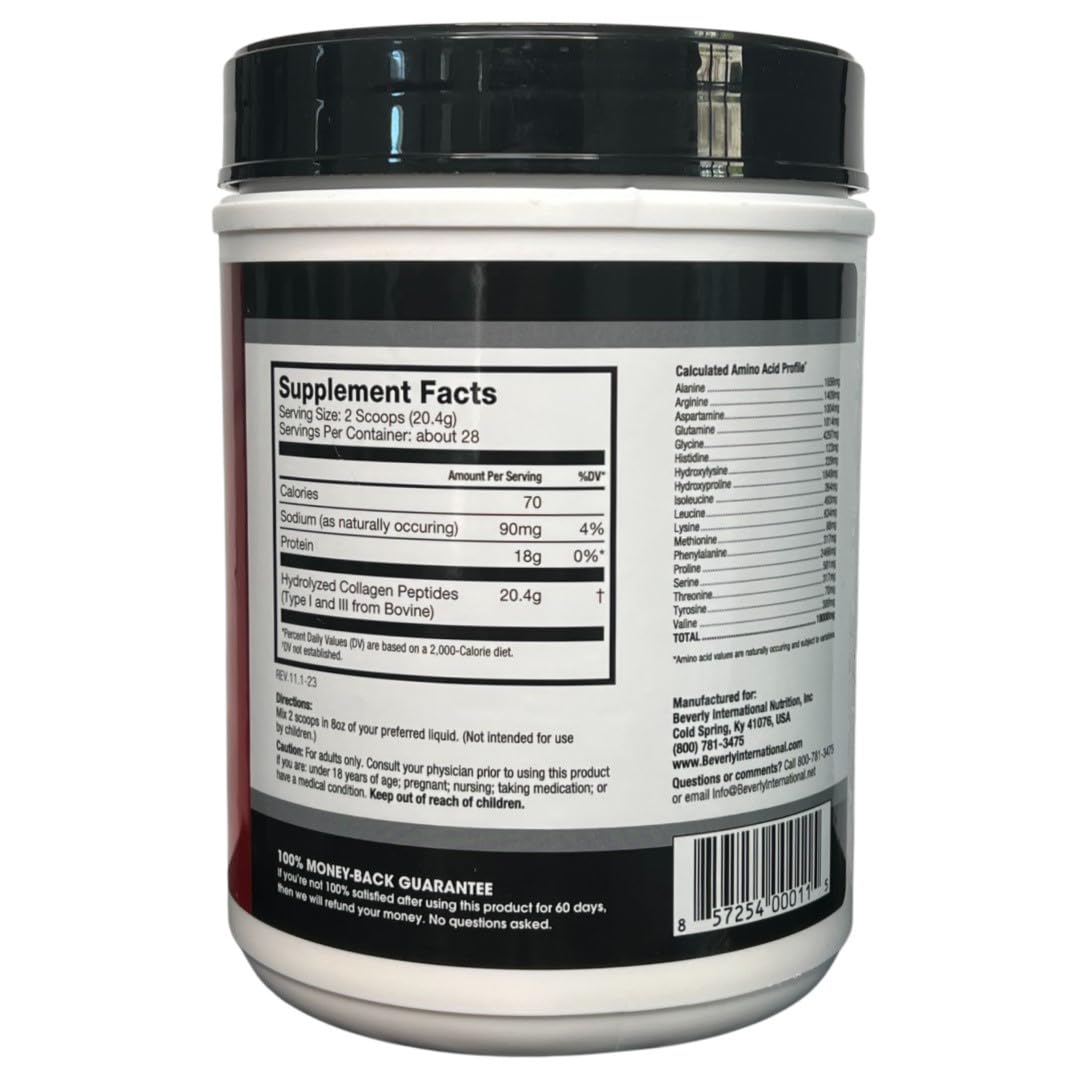Beverly International Collagen Peptides Protein Powder. Youthful Appearance- Skin, Hair, Nails, Bones and Joint Health. Easy to Use, Highly Absorbable. 18 Grams of Protein, Unflavored 20 oz.
