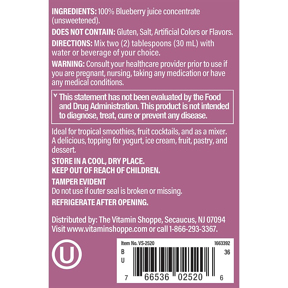 The Vitamin Shoppe Blueberry Concentrate, 100% Juice Concentrate, Natural Foods Superfood, High in Antioxidants (16 Fluid Ounces Liquid)