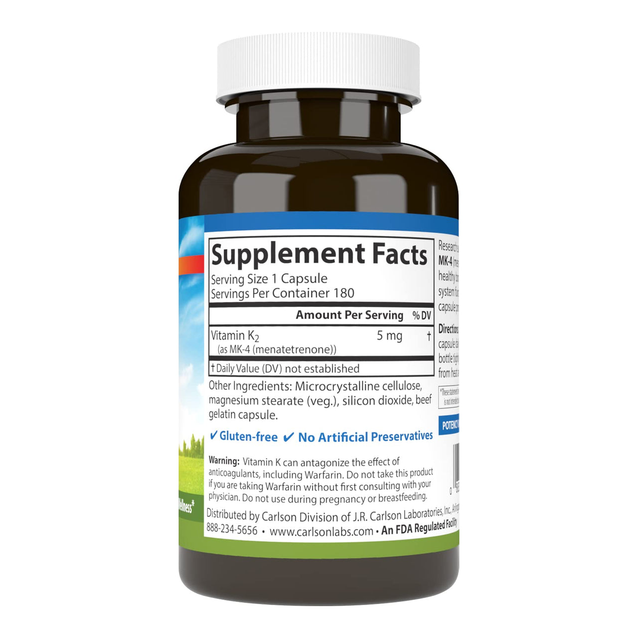 Carlson - Vitamin K2 MK-4 (Menatetrenone), 5 mg, Vitamin K Supplement, Bone Support, K2 Vitamin, Soy-Free, Vitamin K-2, 180 Capsules