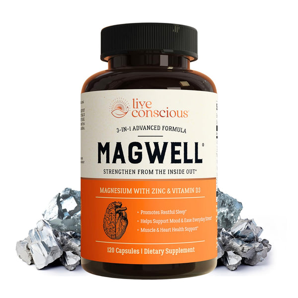 Live Conscious Magwell Magnesium Zinc & Vitamin D3 - Magnesium Glycinate, Malate, & Citrate - Triple Supplement for Women & Men - for Sleep, Bone, Heart, Immune Support - 120 Caps