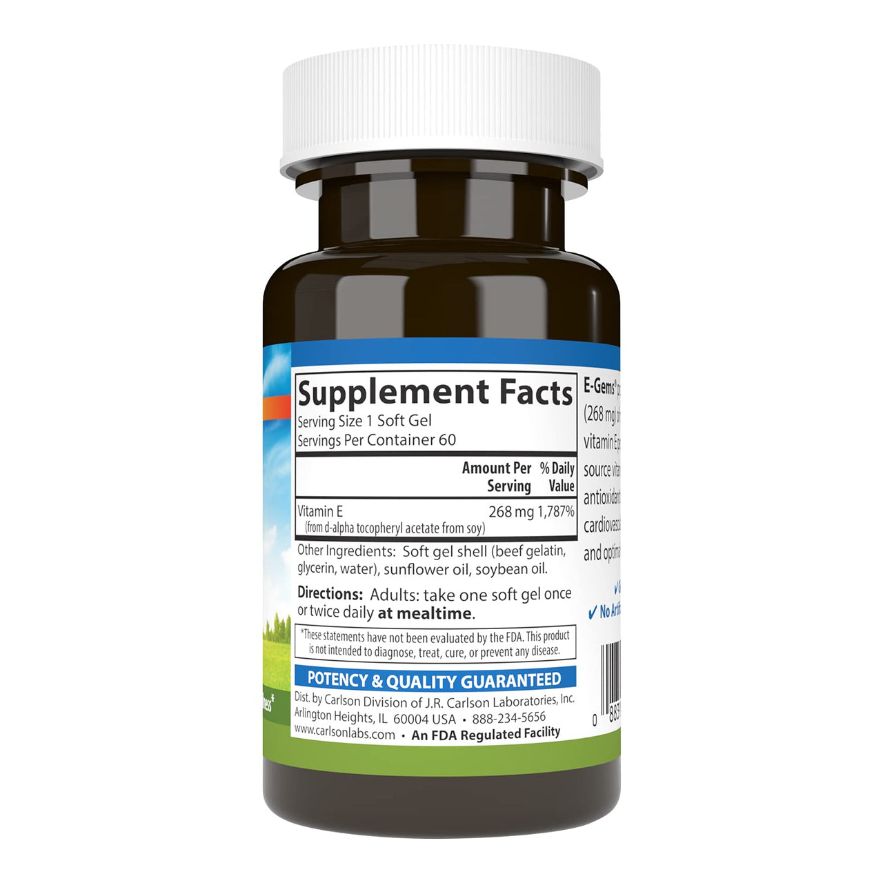 Carlson Labs E-Gems Natural Vitamin E, 400 IU, 60 Softgels