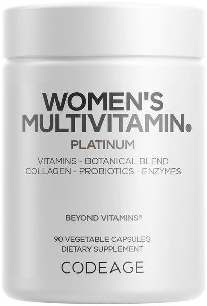 Codeage Women’s Multivitamin Platinum - Vitamins A D3 K1 K2 B12 & Minerals, CoQ10, Skin, Hair & Nails Complex, Collagen, Botanicals, Probiotics, Fermented Greens, Lutein, Astaxanthin - 90 Capsules