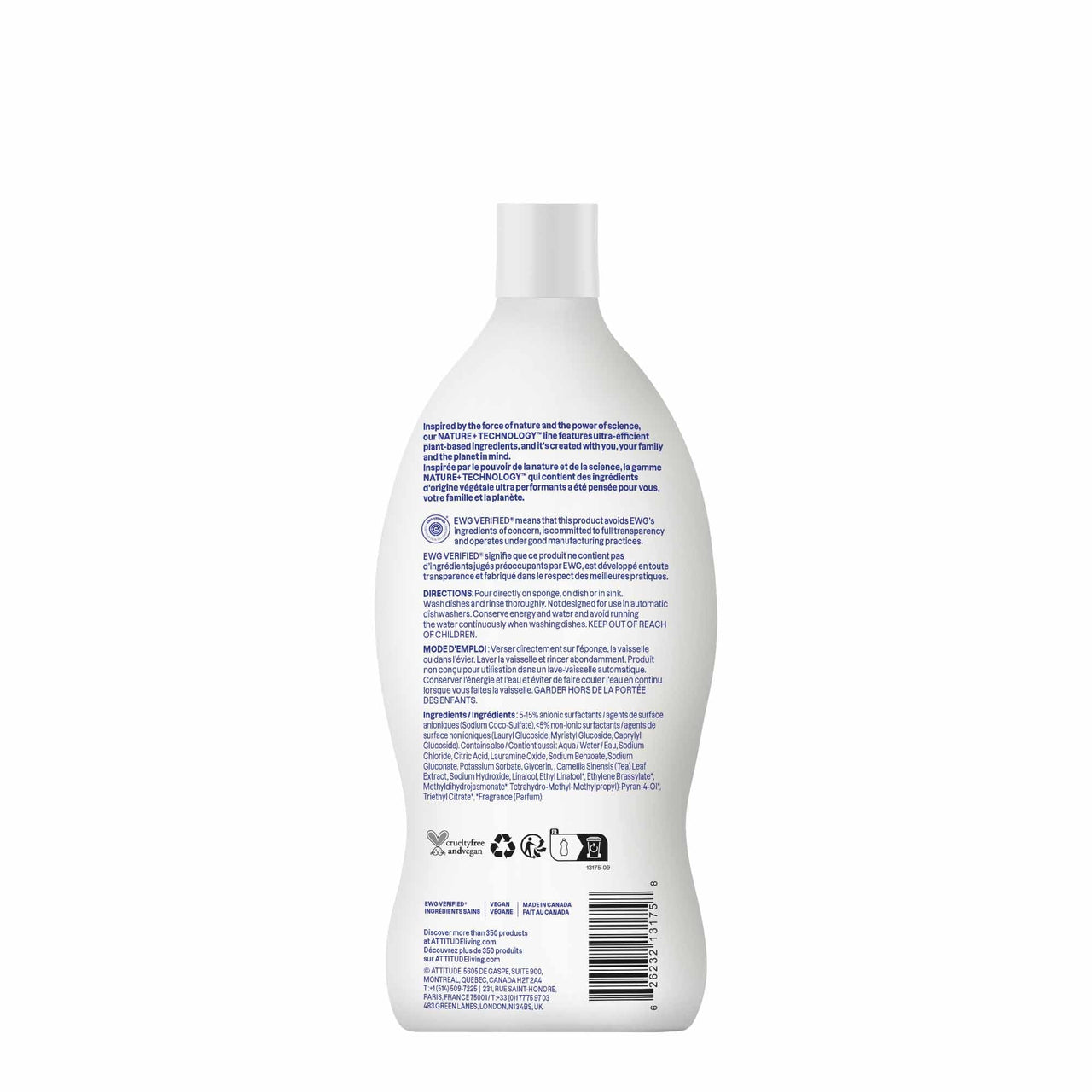 ATTITUDE Dish Soap, EWG Verified, Plant-Based & Vegan Dishwashing Liquid, Naturally Derived, Olive and Coriander Scent, 23.7 Fl Oz