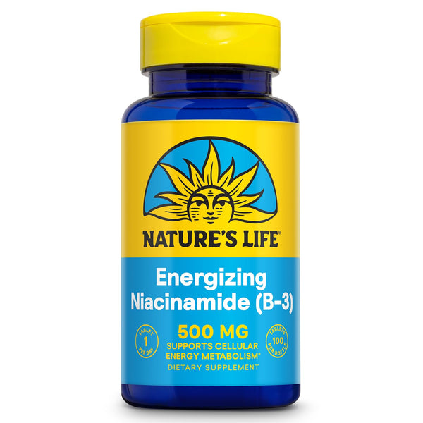 Nature's Life Energizing Niacinamide 500mg - No Flush Vitamin B 3 Niacin Supplement - Nerve Function, Metabolism and Healthy Energy Support - 60-Day Guarantee, Lab Verified, 100 Servings, 100 Tablets