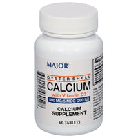 Thumbnail for Major Oyster Shell Calcium with Vitamin D3 500 mg / 5 mcg (200 IU) - Calcium Supplement - 60 Tablets