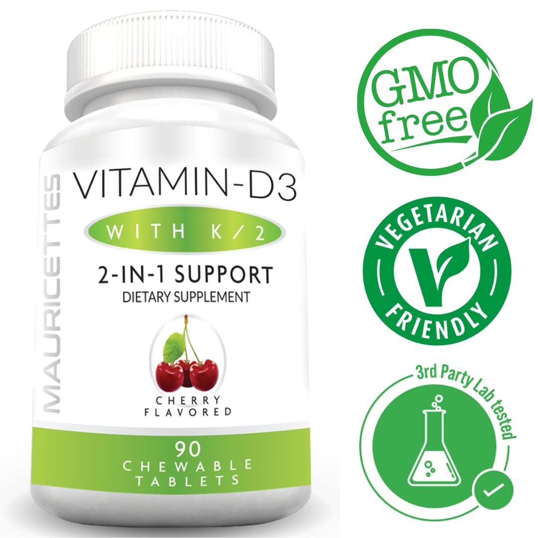 Mauricettes Chewable Vitamin D3 with K2 – 2-in-1 Bone & Heart Health Support – Immune Booster – Natural Cherry Flavor – 90 Tablets for Adults & Kids