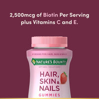 Thumbnail for Nature's Bounty Hair, Skin & Nails with Biotin, Strawberry Gummies Vitamin Supplement, Supports Hair, Skin, and Nail Health for Women, 2500 mcg, 140 Ct, 70 Total Servings