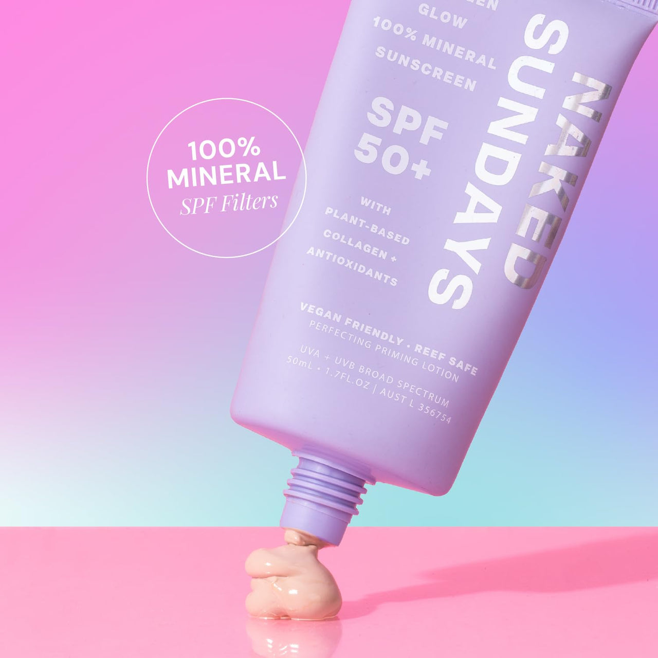 Naked Sundays SPF 50+ Daily Facial Moisturizer, All-in-one 100% Mineral Sunscreen, Face Lotion, Makeup Primer with Vegan Collagen with Broad Spectrum + Zinc Oxide, 50ml