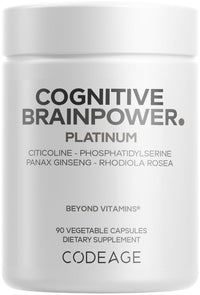 Thumbnail for Codeage Cognitive Brainpower Platinum Supplement - Cognizin Citicoline, KSM-66 Ashwagandha, Panax Ginseng, Rhodiola, Phosphatidylserine, Ginkgo, Ubiquinol CoQ10, Liposomal - Non-GMO - 90 Capsules
