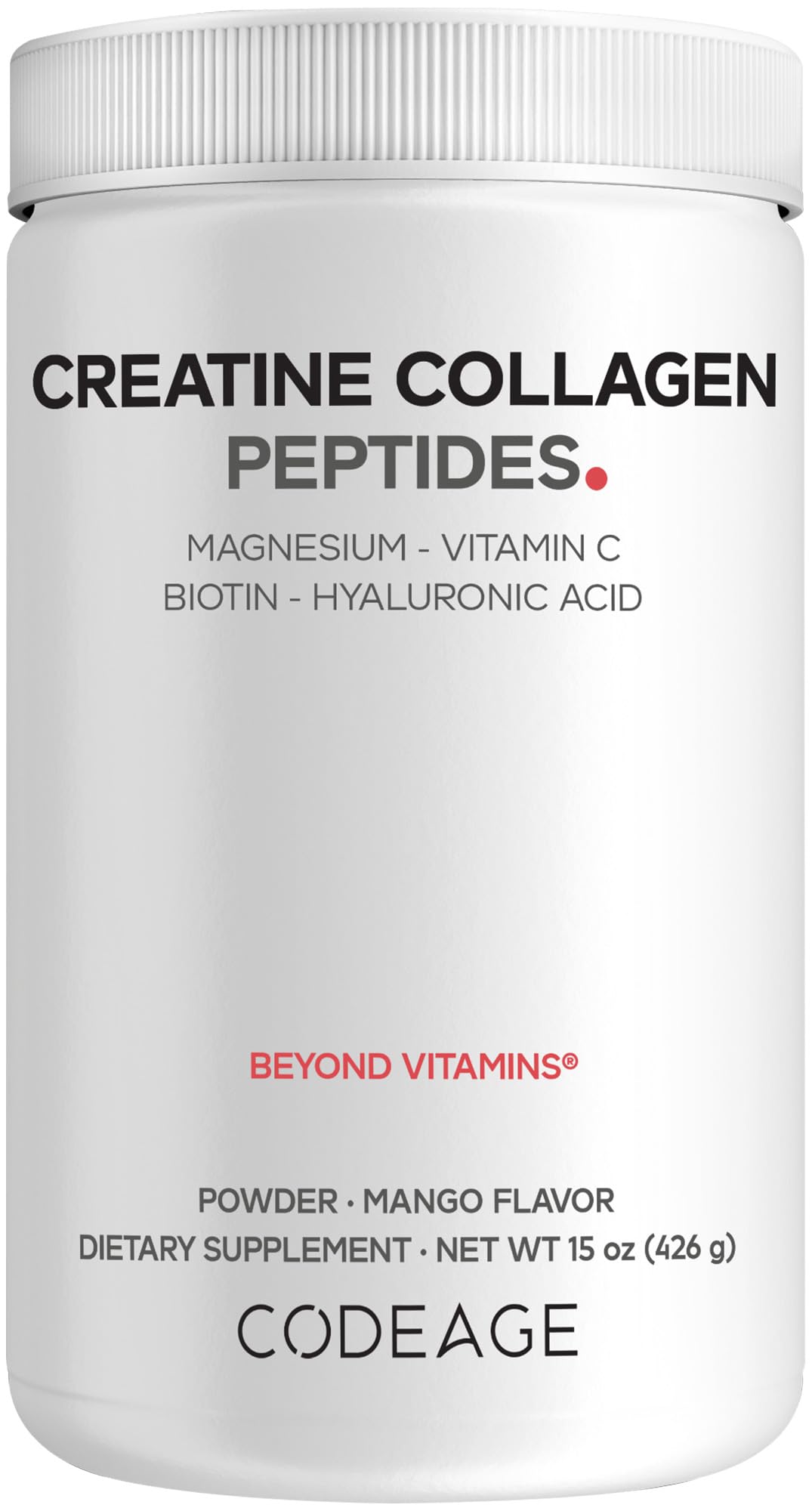 Codeage Creatine Collagen Peptides - Creatine Monohydrate Powder Supplement, Wild-Caught Marine Collagen, Biotin, Magnesium, Vitamin C, Hyaluronic Acid - Mango Flavored - Non-GMO - 15 Oz