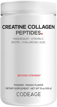 Thumbnail for Codeage Creatine Collagen Peptides - Creatine Monohydrate Powder Supplement, Wild-Caught Marine Collagen, Biotin, Magnesium, Vitamin C, Hyaluronic Acid - Mango Flavored - Non-GMO - 15 Oz