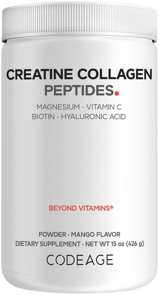 Codeage Creatine Collagen Peptides - Creatine Monohydrate Powder Supplement, Wild-Caught Marine Collagen, Biotin, Magnesium, Vitamin C, Hyaluronic Acid - Mango Flavored - Non-GMO - 15 Oz