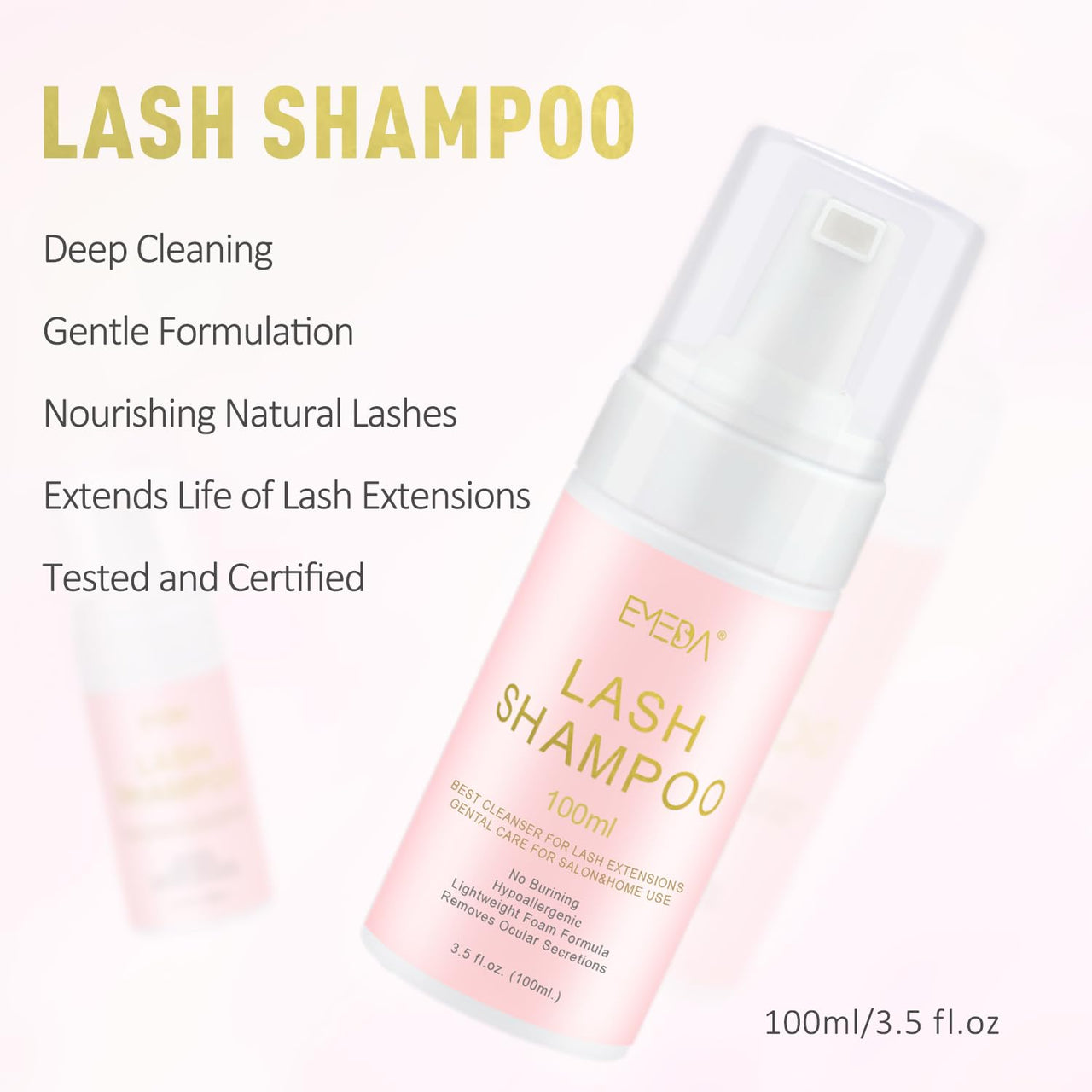 EMEDA Lash Shampoo Kit - 3.38 fl.oz / 100ml Gentle Foam Lash Cleanser, Oil-Free Cleaning for Wash Extension/Natural Eyelash Bath with Rinse Bottle Lash Brush