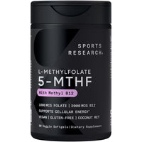 Thumbnail for Sports Research® Methyl Folate + B12-1000 mcg L-Methylfolate & 2000 mcg Methylcobalamin for Cellular Energy Support - Vegan B12 w/Coconut MCT Oil - Non-GMO, Gluten Free - 90 Veggie Softgels