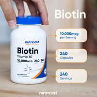 Thumbnail for Nutricost Biotin (Vitamin B7) 10,000mcg (10mg) Vitamin Supplement, 240 Capsules - Vegetarian, Gluten Free, Quick Release, Non-GMO