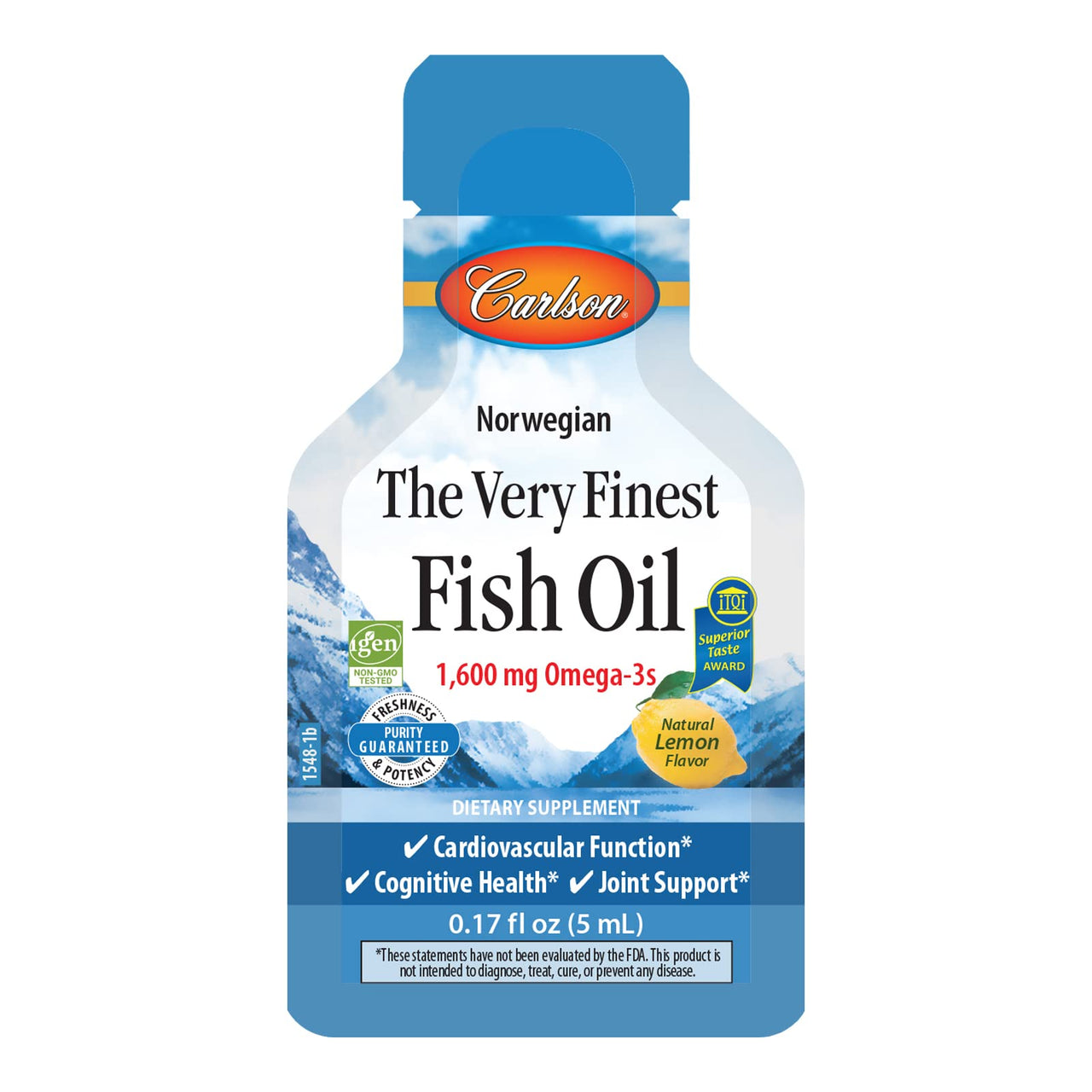 Carlson - The Very Finest Fish Oil Grab + Go Packets, Single-Serving, 1600 mg Omega-3s, Norwegian, Wild Caught, Sustainably Sourced, Box of 15 Packets, 5 mL Each