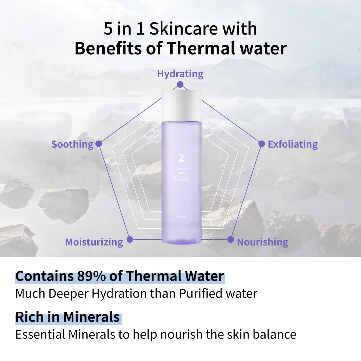 numbuzin No.2 Thermal Water 89% Mineral Toner, 6.76 fl.oz / 200ml | Inner Drying, Cakey Makeup, Moisturizing, Thermal Water 89%, Niacinamide