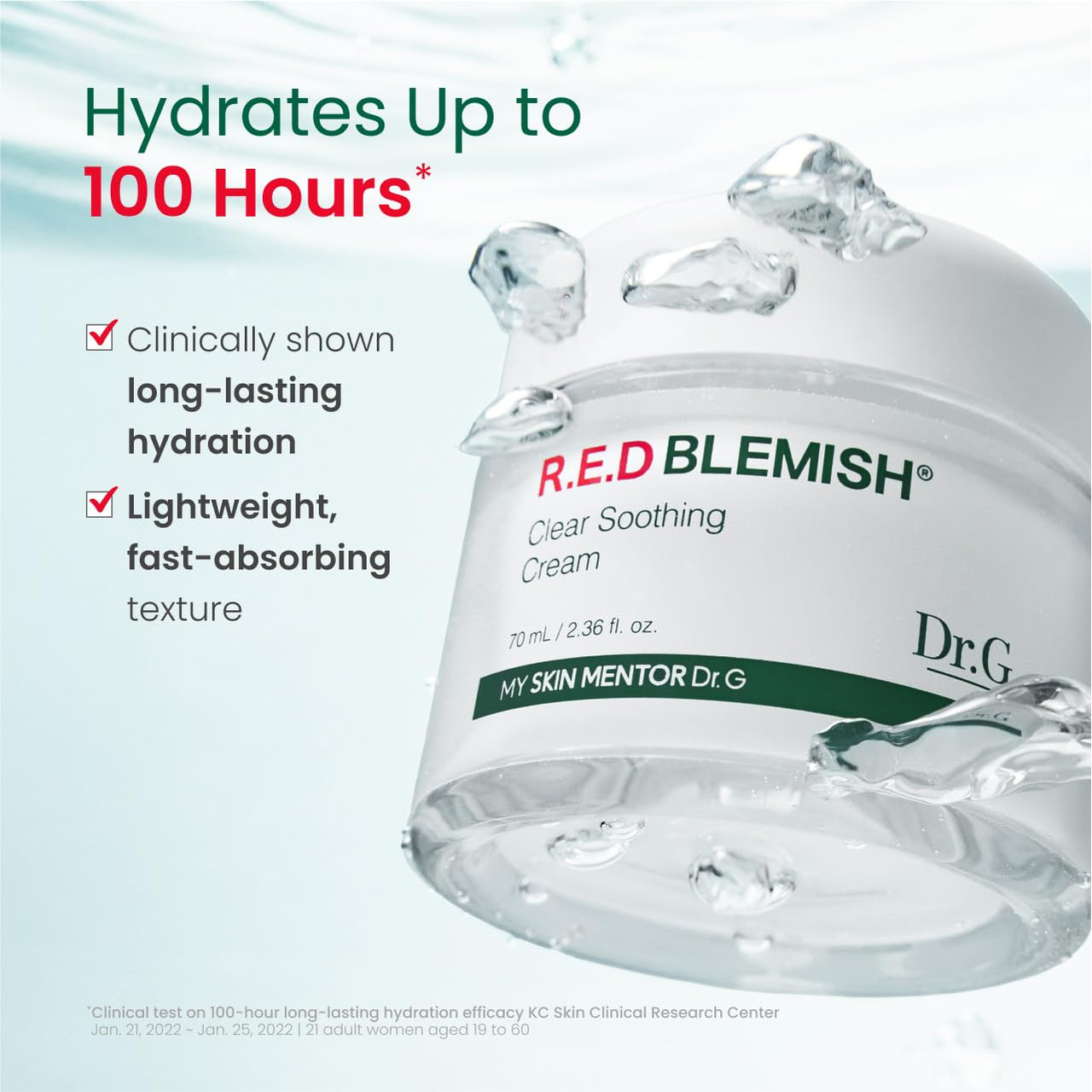 Dr. G R.E.D. Blemish Clear Soothing Cream - Calming Korean Moisturizer for Redness - Soothes Acne & Irritation - With Centella Asiatica - Long-Lasting Hydration - 2.36 fl oz
