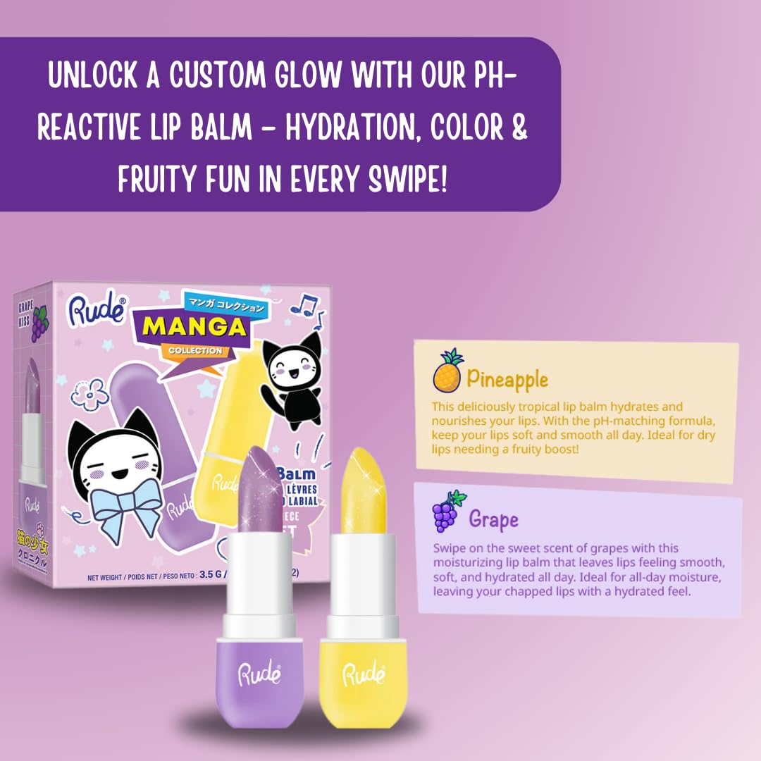 Rude Cosmetics Lip Balm Hydrating, Nourishing Lipbalm Set for Women, Lip Moisturizer for Dry Cracked Lips, Vegan & Cruelty-Free, Manga Collection/Grape & Pineapple
