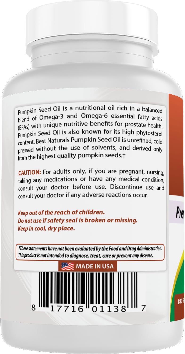 Best Naturals Pumpkin Seed Oil Bladder Control 1000 mg 180 Softgels