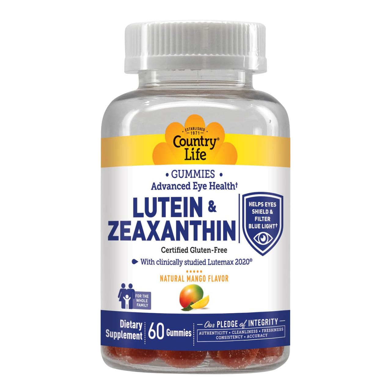 Country Life Lutein Gummies with Lutemax 2020, 60 Ct, Chewable Natural Eye Support Supplement, Marigold Lutein, Zeaxanthin, Eye Health & Macular Support, Non-GMO, Natural Fruit Pectin, Vegan