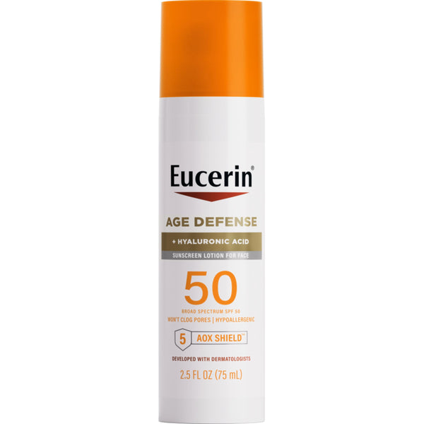 Eucerin Sun Age Defense SPF 50 Face Sunscreen Lotion with Hyaluronic Acid, Hypoallergenic, Non-Comedogenic Sunscreen SPF 50 Free of Fragrance, Oxybenzone and Octinoxate, 2.5 Fl Oz Bottle