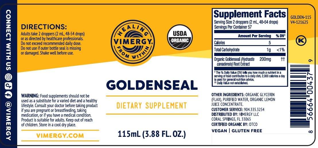 Vimergy USDA Organic Goldenseal Supplement – 57 2mL (2 Droppers or 48-54 Drops) Servings (200mg Extract Per Serving). Vegan, Alcohol-Free Golden Seal herb Drops Great for Tea (115 mL)