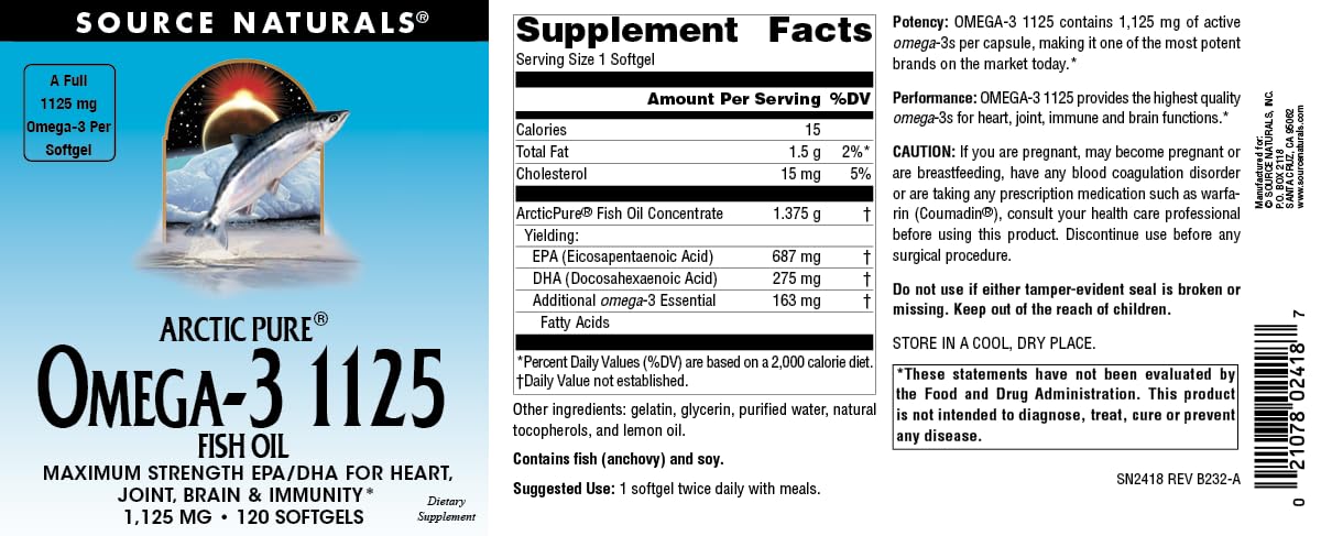 Source Naturals ArcticPure Omega-3 Fish Oil 1125mg Ultra Potency Maximum Strength EPA + DHA for Heart, Joint, Brain & Immune Health - 120 Softgels