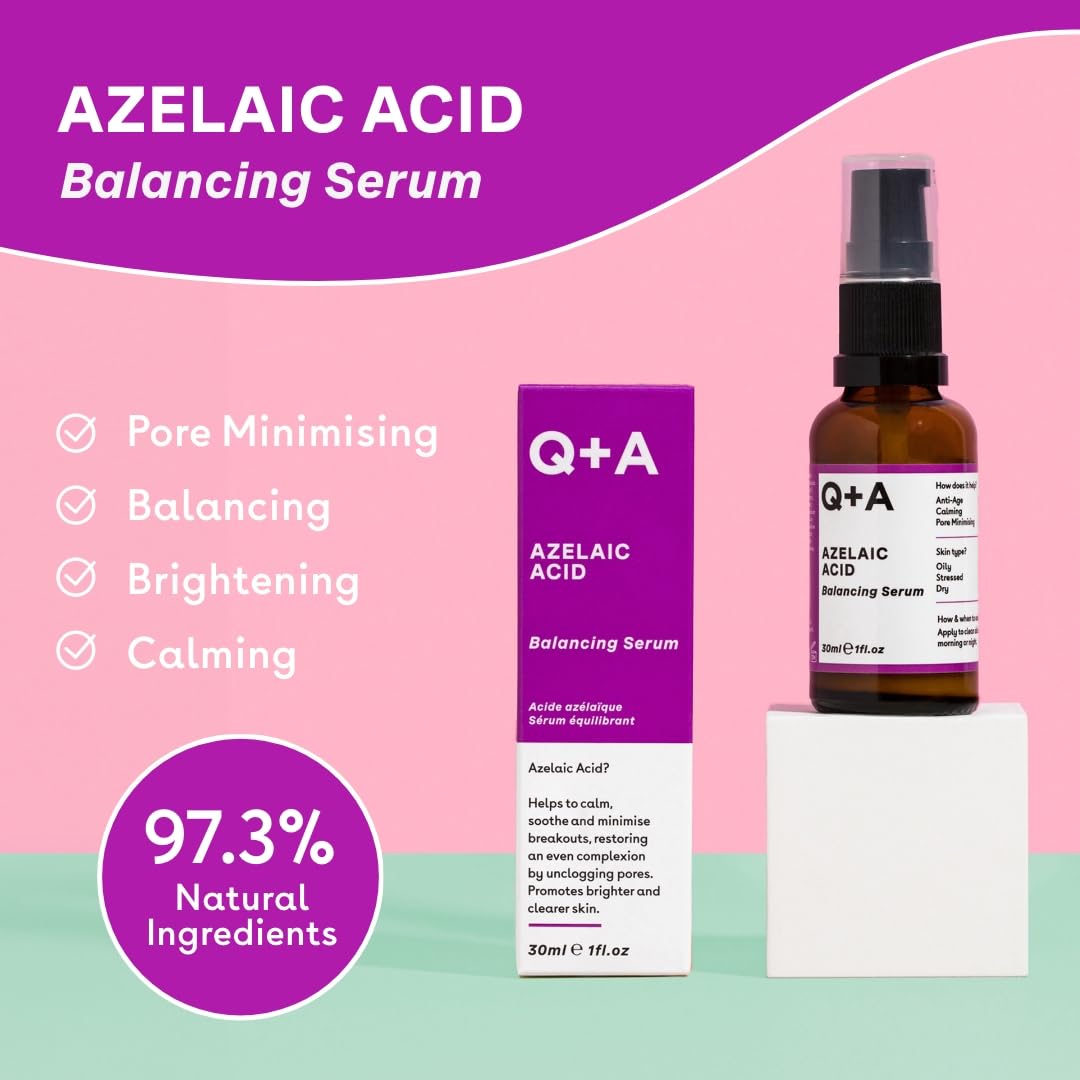 Q+A Azelaic Acid Balancing Serum (30ml), Natural Face Serum with Zinc PCA and Antioxidant Super Grains, Fragrance Free Skincare, Smoothes Skin