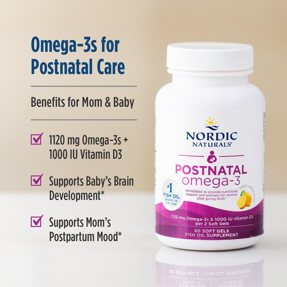 Nordic Naturals Postnatal Omega-3, Lemon - 60 Soft Gels - 1120 Total Omega-3 + 1000 IU Vitamin D3 - Formulated for New Moms; Supports Optimal Wellness, Positive Mood, Healthy Metabolism - 30 Servings