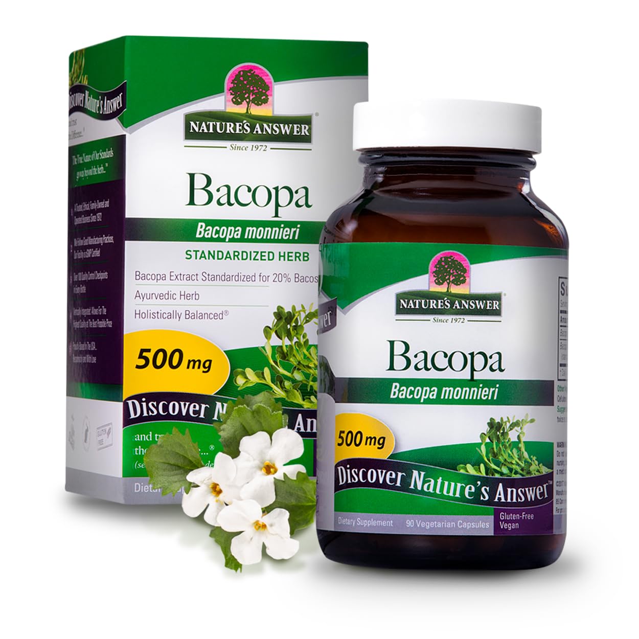 Nature's Answer Bacopa Monnieri | Helps Improve Memory | NON-GMO| No Preservatives | Gluten-Free, Vegan & Vegetarian â€“ 500mg (90 Capsules)