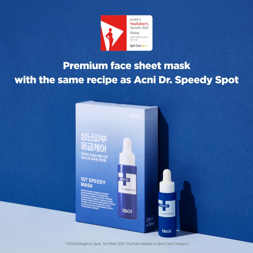 ISOI ACNI Dr. 1st Speedy Mask 10EA, Hypoallergenic & Moisturizing Mask for Sensitive Skin, Quick Calming Acne Care, Korean Skin Care