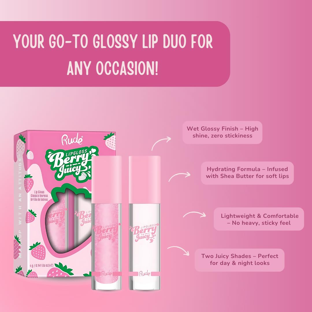 RUDE Cosmetics Berry Juicy Lip Gloss Duo, High Shine Lip Glosses Set, Moisturizing & Hydrating Lipgloss, Ideal for Day & Night Makeup Looks, Pure & Flirty