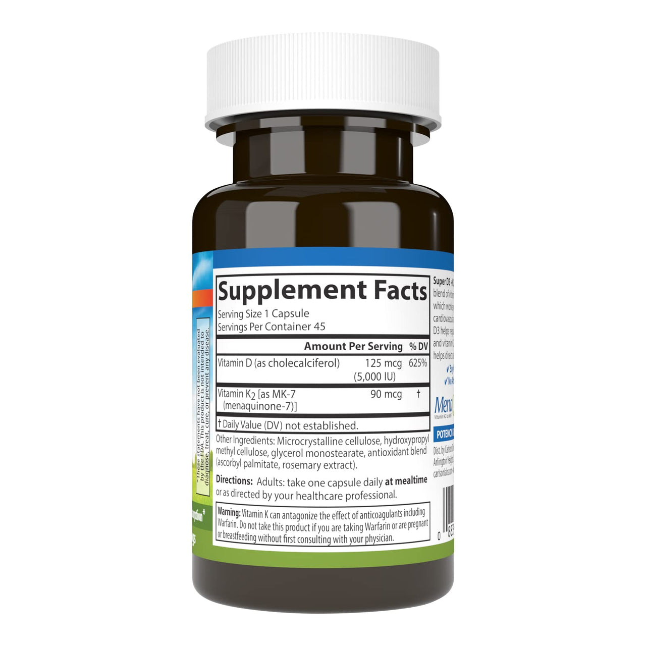 Carlson - Super D3 + K2, 125 mcg (5000 IU) Vitamin D3, 90 mcg Vitamin K2 as MK-7, Bone Support, Calcium Absorption, 45 Vegetarian Capsules