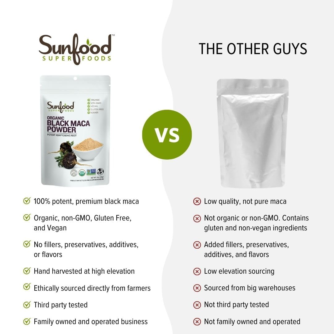 Sunfoods Superfoods Organic Black Maca Powder - Black Maca Root Powder, Black Maca Root for Men & Women, Peruvian, Raw, Vegan, Premium Black Maca Powder - 4 oz Bag