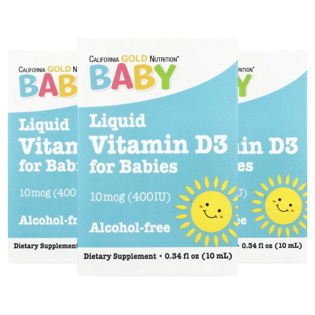 California Gold Nutrition Baby Vitamin D3 - Liquid D3 Supplement for Babies, Vegetarian Friendly - Developmental Support - Alcohol & Gluten Free, Non-GMO - 10 mcg (400 IU) - 0.34 fl oz (10 ml), 3