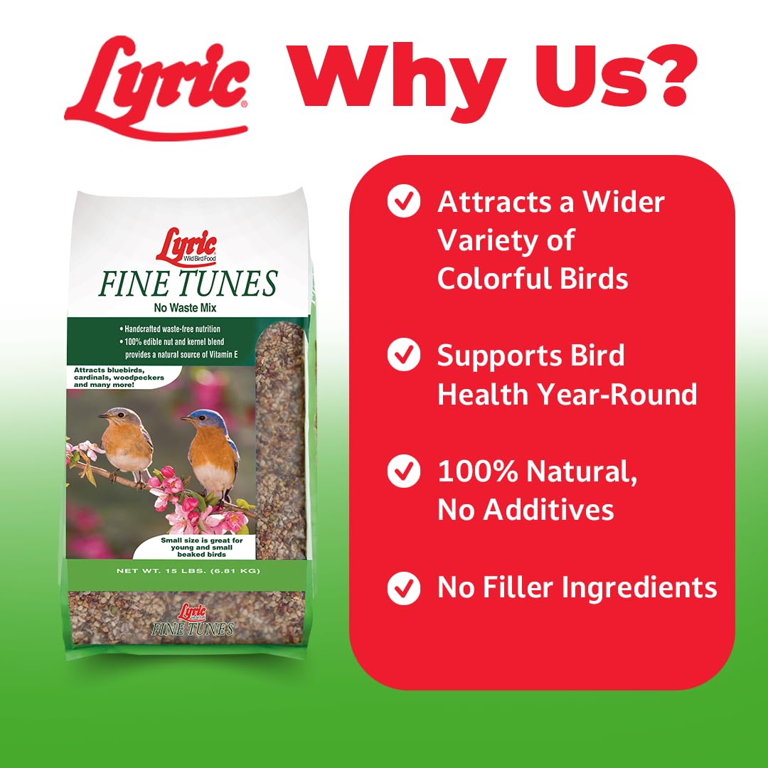 Lyric Fine Tunes Wild Bird Seed Mix - No Waste Bird Food Mix - Attracts Bluebirds, Finches, Chickadees & More - Seed for Outside Feeders - 15 lb Bag