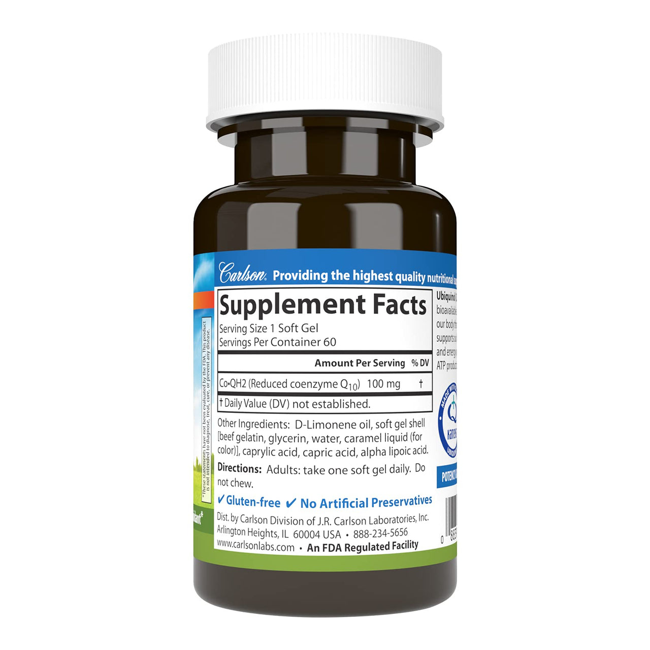 Carlson - Co-QH2 Ubiquinol, Active Form of Co-Q10-100 mg, Energy Production & Heart Health, Antioxidant, 60 Softgels