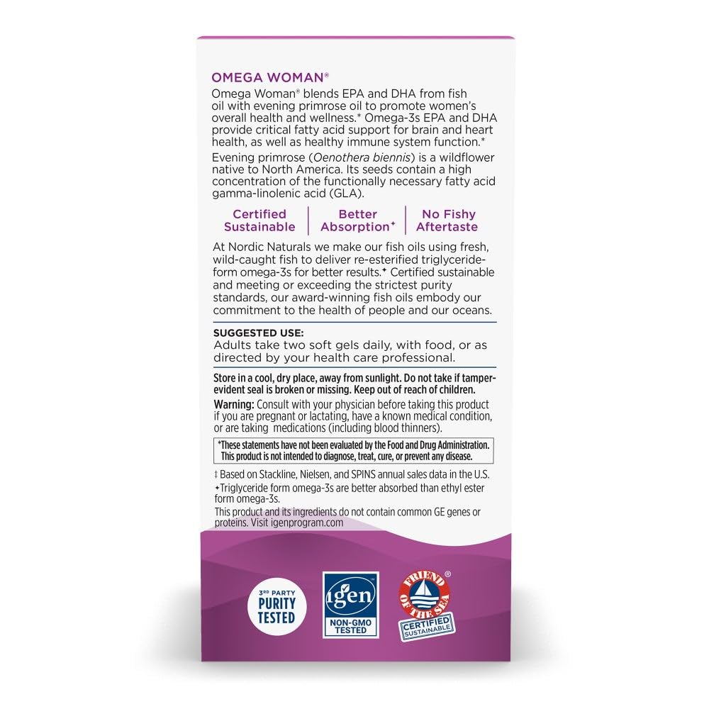 Nordic Naturals Omega Woman, Lemon - 120 Soft Gels - 500 mg Omega-3 + 800 mg Evening Primrose Oil - Healthy Skin & Optimal Wellness - Non-GMO - 60 Servings (Pack of 2)