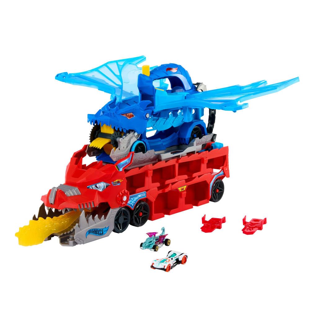 Hot Wheels City Toy Car Track Set, Ultimate Dual Dragon Transporter & 2 Die-Cast Cars, Large-Scale & Detachable Dragon, Stores 20+ Vehicles
