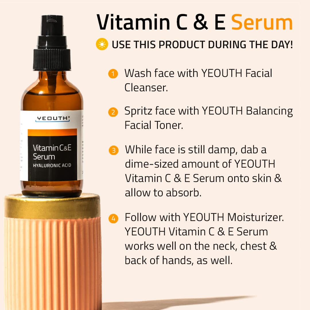 YEOUTH Vitamin C Face Serum with Vitamin E and Hyaluronic Acid, Hydrating Vitamin C Serum for Face, Targets the Appearance of Dull Spots 2oz