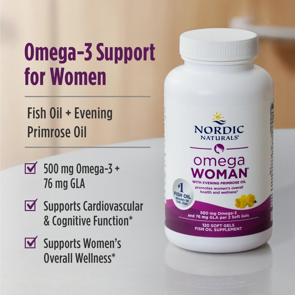 Nordic Naturals Omega Woman, Lemon - 120 Soft Gels - 500 mg Omega-3 + 800 mg Evening Primrose Oil - Healthy Skin & Optimal Wellness - Non-GMO - 60 Servings